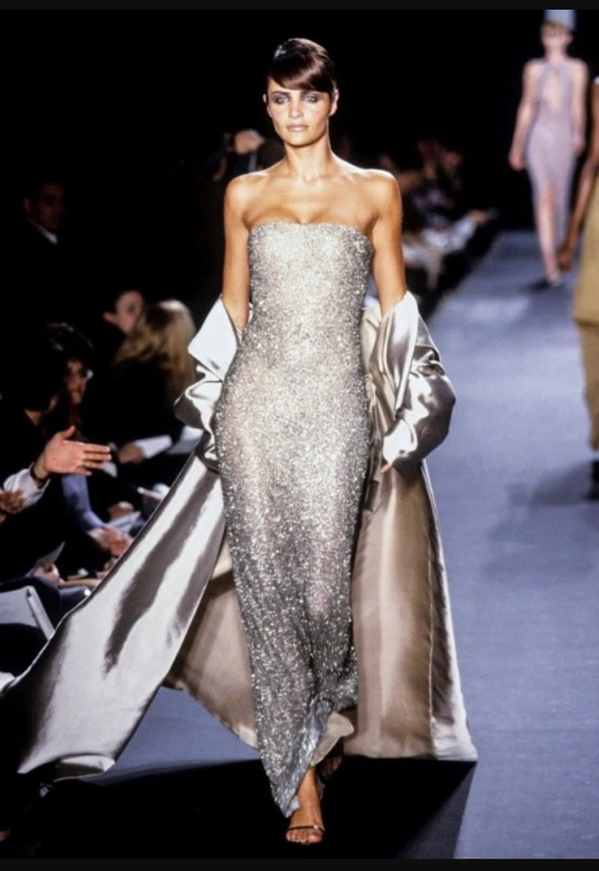 Vestido Halston Vintage F/W 1997 Cristal Lentejuelas Cuentas Plateado Desnudo Foto 2 de 4