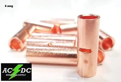 AC/DC WIRE AND SUPPLY 6 GAUGE BARE COPPER BUTT CONNECTOR 5 PK CRIMP TERMINAL AWG BATTERY