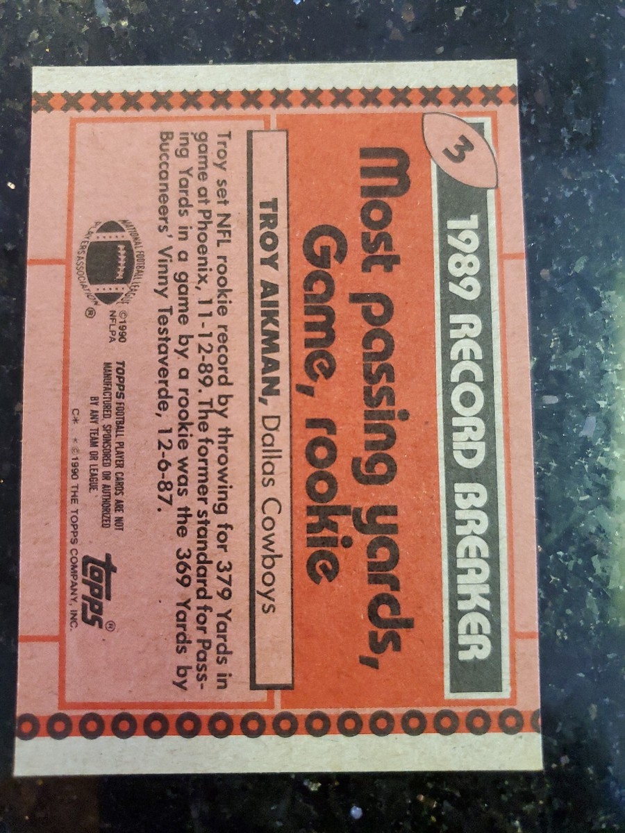 1990 TROY AIKMAN Topps (Error) 1989 RECORD BREAKER #3 Cowboys