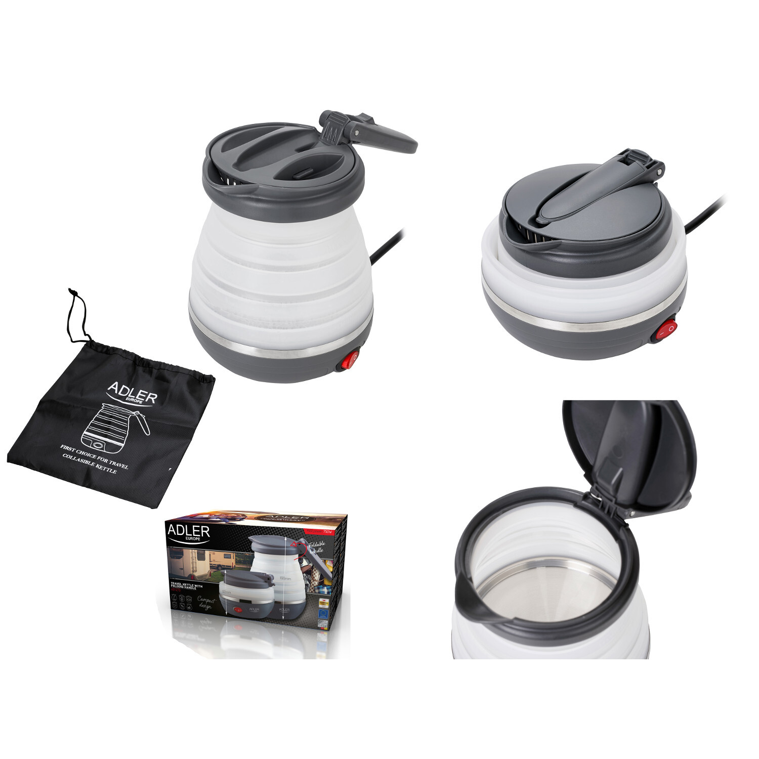 Bouilloire Voyage Compacte Adler AD 1370UK en silicone rétractable de 0,6L