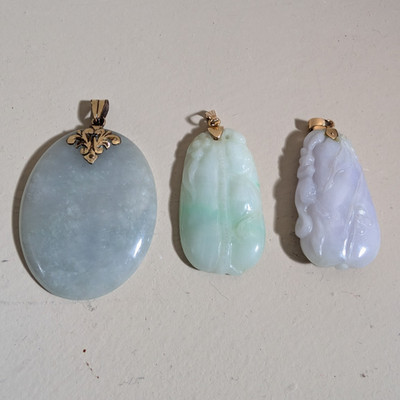 Jade Pendant Lot of 3 Green Lavender Blue Oval w/ Gold Tone Bails