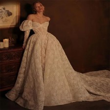 Lace Wedding Dresses A-Line Off the Shoulder Long Sleeves Backless Bridal Gown