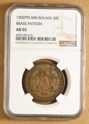 1902 MM Bolivia 50 Centavos 'Brass Pattern' NGC AU55