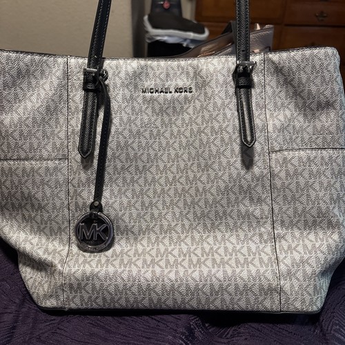 Michael Kors Metallic Silver Logo Coated Canvas Triple Compartment Tote Bag