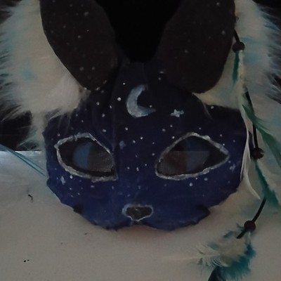 blue animal face mask faux fur feathers moon design adjustable halloween