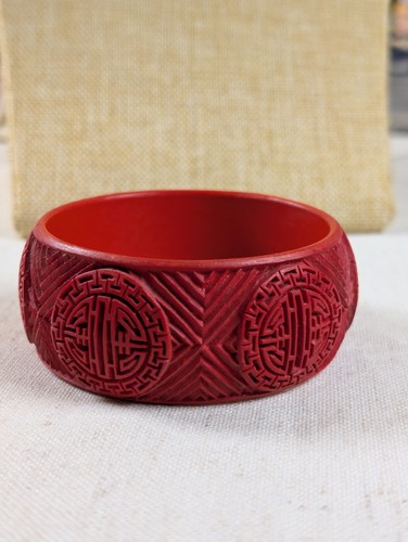 Vintage Red Carved Cinnabar Wide Chunky Large Bangle Bracelet