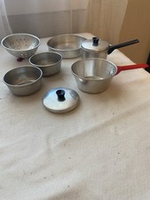 Lot 4 Pc Childrens Play Aluminum Red Colander 2 Frying Pans Black 1 Cake 2 Bonus