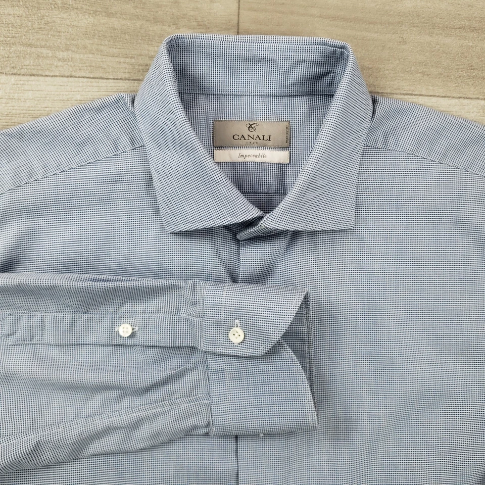 Canali 1934 Impeccable Dress Shirt Men Size 16.5 (42) Blue Cotton Spread Collar - Image 2 of 4