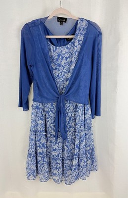 Connected Apparel Womens 8 Blue Floral Tiered Dress with Mesh Shrug 2 Piece Set