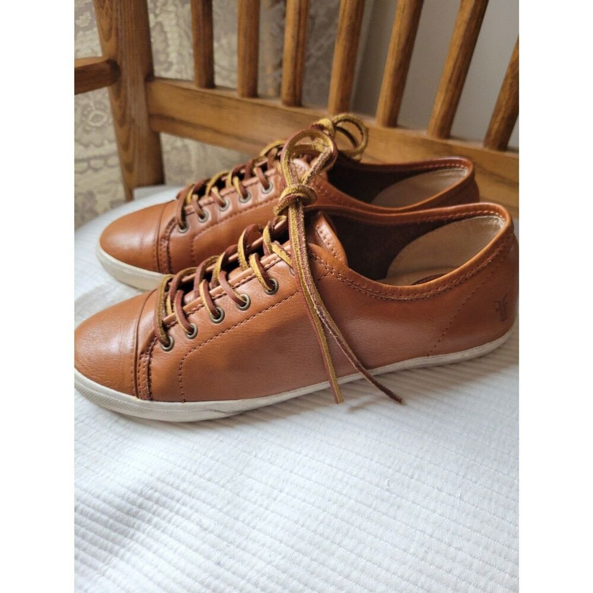Frye Ivy Low Lace Sneaker Cognac Tan Vintage Italian Leather Cap Toe Size 8 View 3