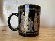 Vintage Greek Key Black & Gold Ceramic Mug With Greek Mythology double sided 80s
