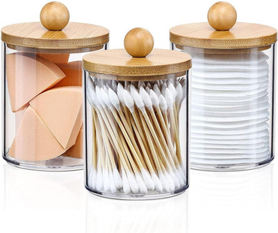 3PCS Acrylic Qtip Dispensers Holders with Wood Lid, Clear Bathroom round Counter