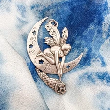 Moon Fairy Silvertone Metal Pendant/Crescent Moon/Stars/Cornucopia