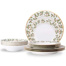 Noritake Porcelain Dinnerware Set Service-4 Holly And Berry Gold 12-Piece(White)