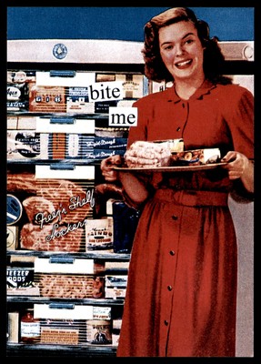 Postcard ''Bite Me'': Woman with Tray of Food, Anne Taintor