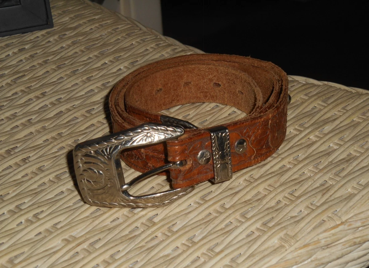 LL Bean Vintage Cognac Brown Leather Ornate Antique Silver Western Buckle Belt Tooled Brown Leather Western Belt With Silver Plated Buckle  main image 3