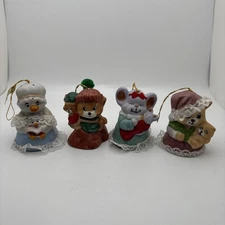 4 Caring Critter Chimers Christmas Ornaments Jasco Taiwan Duck Bear Mouse Cat 3”