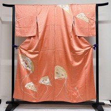 Pure Silk Kimono Gold Fan Chrysanthemum Maple Embroidery Used Size M Japan