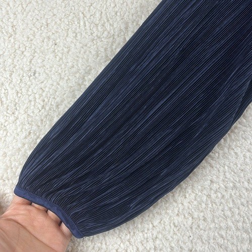 NWOT H by Halston Womens Navy Pleated 3/4 Sleeve Cut Out Neck Blouse Size L - Picture 5 of 10