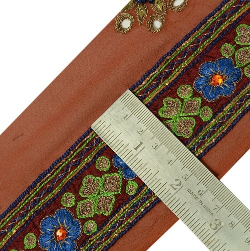 Vintage Sari Border Indian Craft Trim Embroidered Beaded Ribbon Lace Maroon Rust - Picture 5 of 6