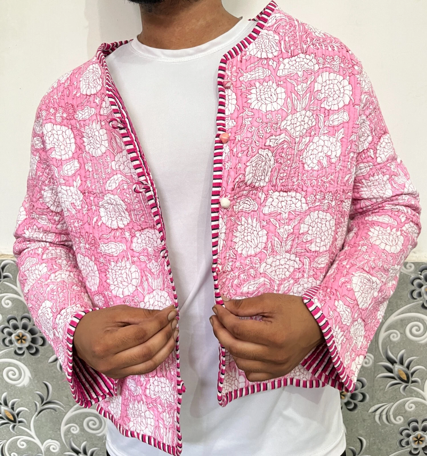 Indian Pink Floral 100% Cotton Quilted Unisex Jacket Women's Clothing Jacket US