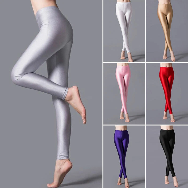 Womens High Waist Silky Satin Shiny Wet Look Leggings Yoga Pants Dance  Trousers