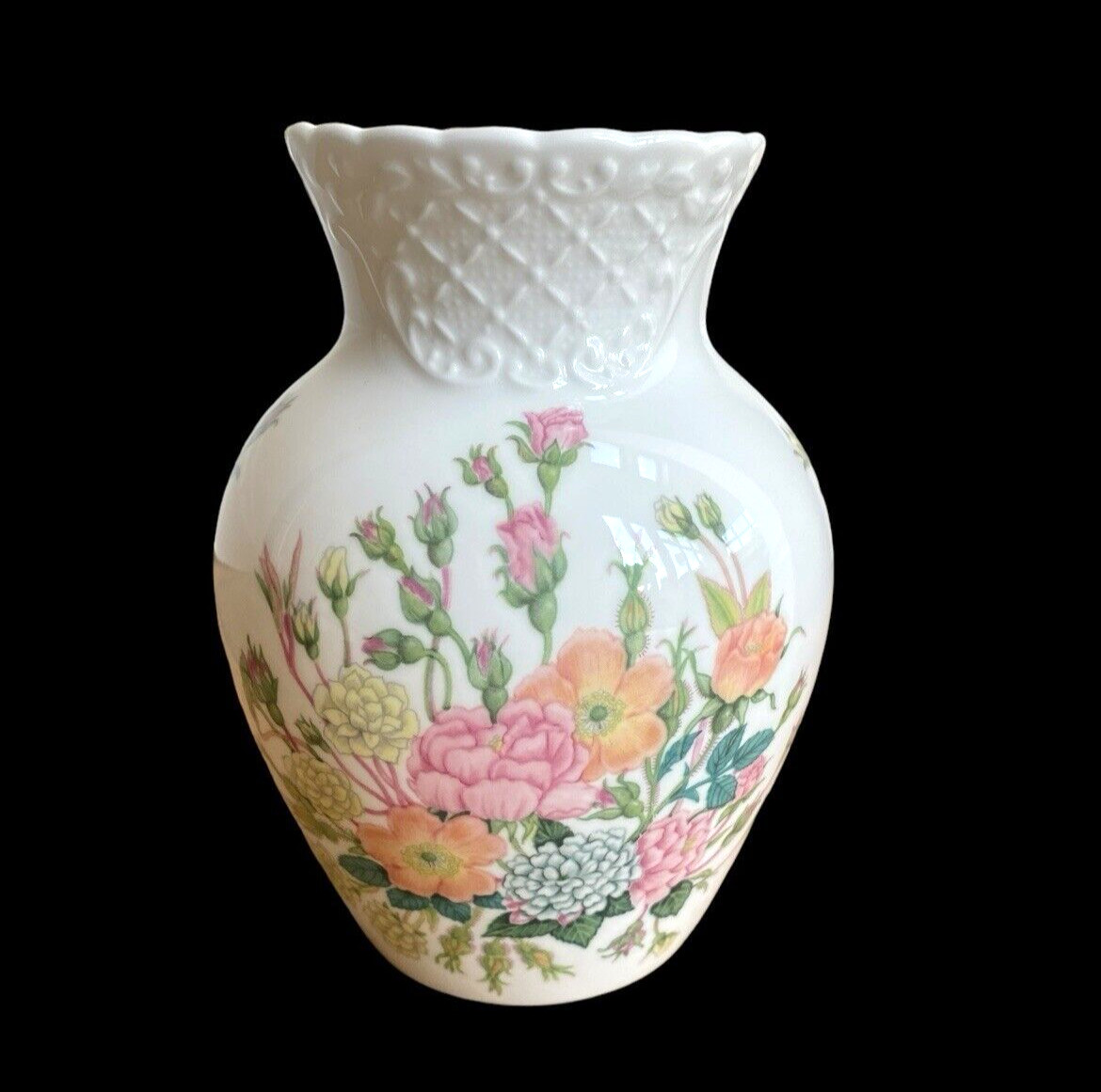 Bonito jarrón floral Coalport porcelana de hueso fino patrón de jardín de rosas vintage 13 cm