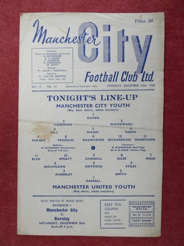 MANCHESTER CITY v MANCHESTER UNITED | 1958/1959 | FA YOUTH CUP R3 | 15 DEC 1958
