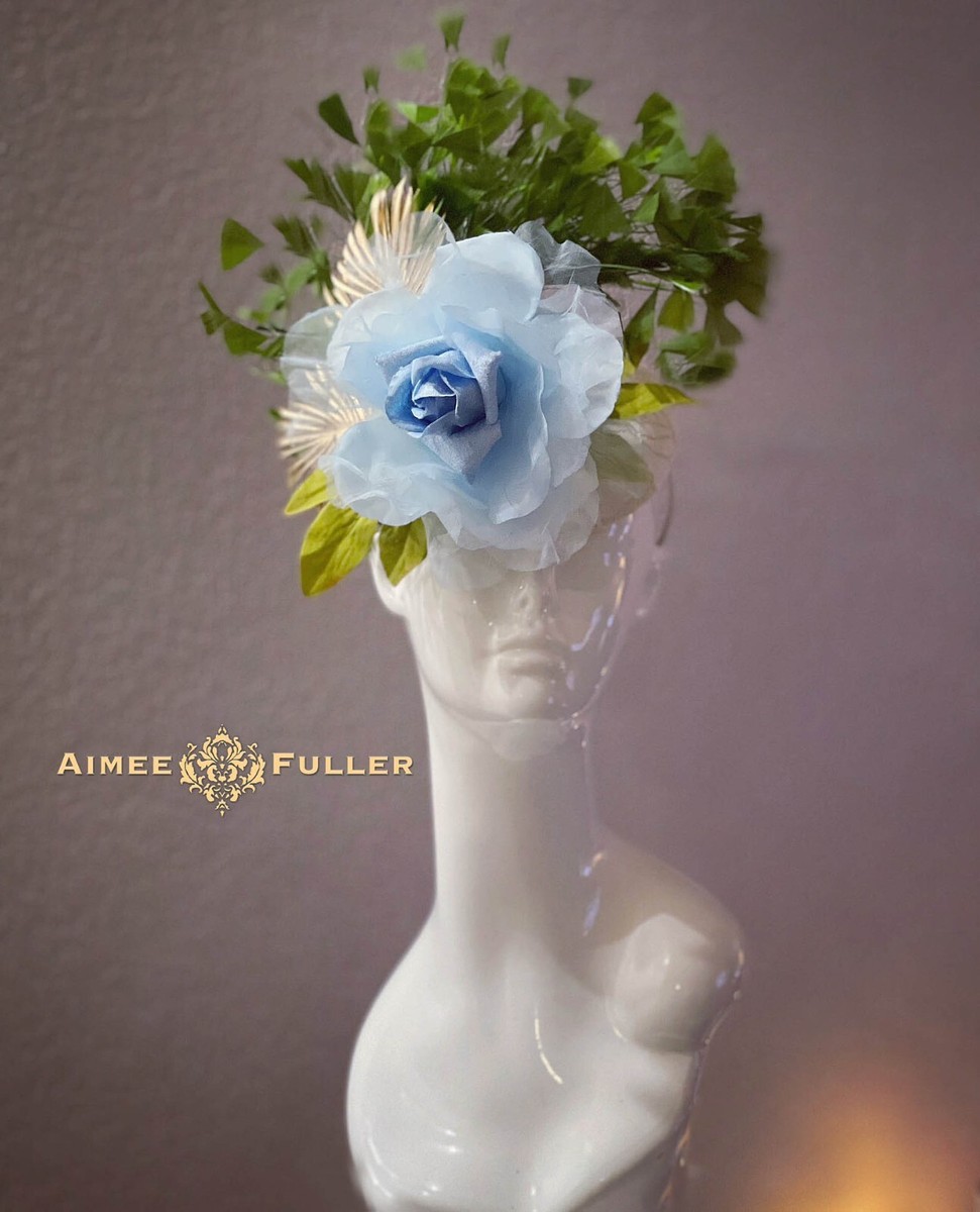 Kentucky Derby Fascinator Light Blue Rose Green Hat White  display picture 1
