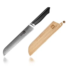 Klaus Meyer Helix Damascus Steel 8 inch Bread Knife with Wood Sheath