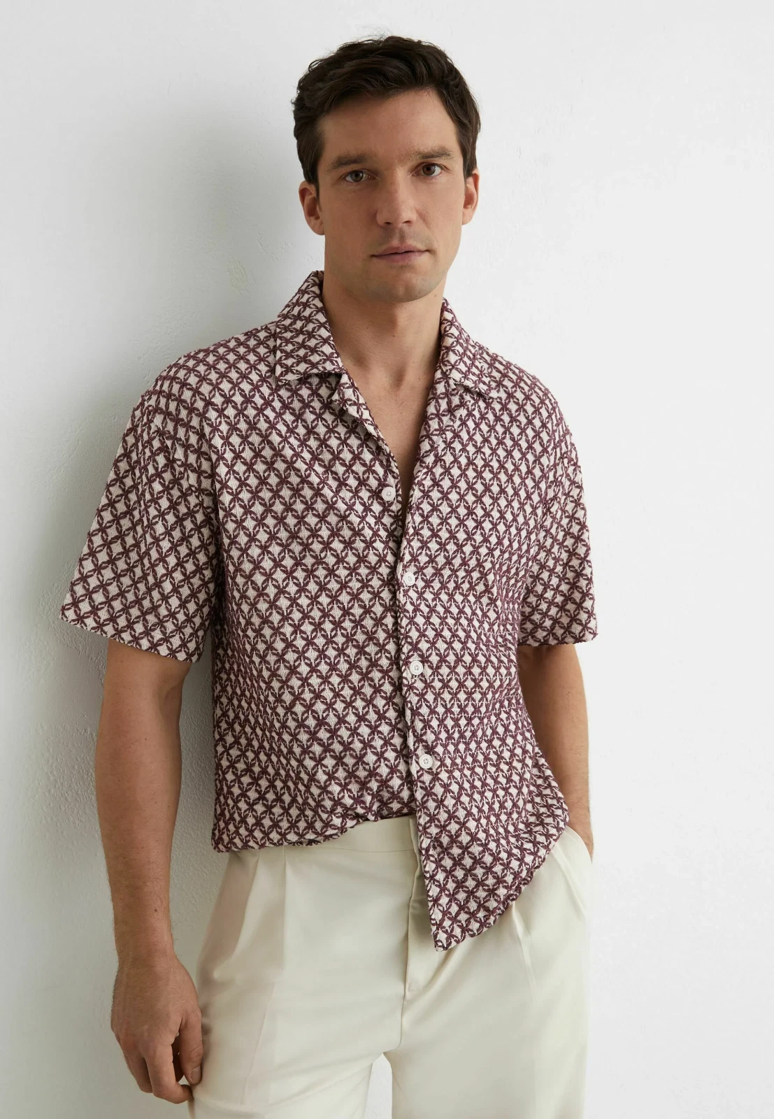 REISS Mens Rust Red Mills Cuban Collar SS Shirt Designer Embroidered Crochet