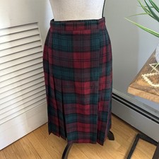 Vintage Ann Stevens Skirt Womens 25" Red Green Plaid Pleated Midi Wool Blend