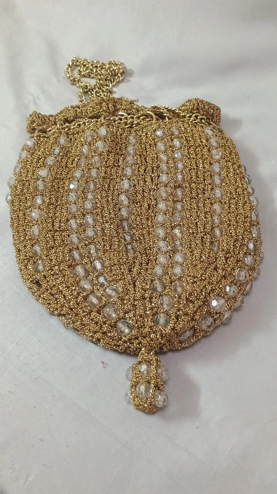 Vtg Flapper Style Purse Gold Crochet Beaded Chain Drawstring Close Tassel Party - Изображение 3 из 4