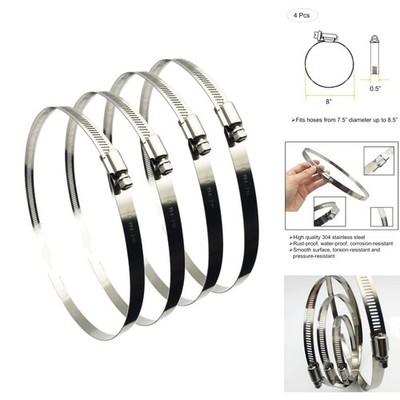4pcs 8'' Adjustable 304 Stainless Steel Duct Clamps Worm Drive Hose Pipe Clamp