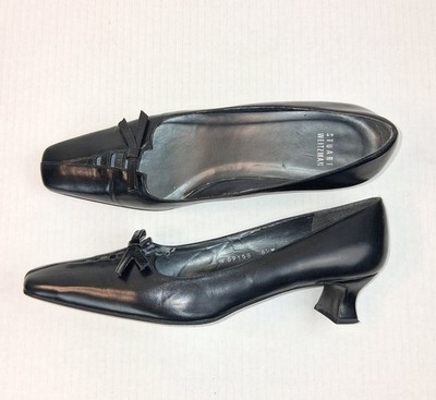 Stuart Weitzman Black Leather Pointed Square Toe Bow Kitten Heels 8.5