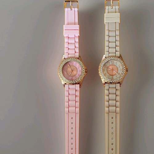 Women's Analog Wristwatch Gem-Set Bezel Rose Gold Case Pink/White Silicone
