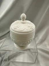 Vintage Imperial Glass White Milk Glass Covered Candy Dish Grapes & Leaves Foot