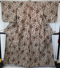 Japanese Vintage Kimono Polyester Brown Komon Traditional Authentic Length 61 in