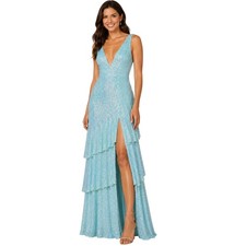 Mac Duggal NWT AQUA Sequin Asymmetrical Ruffle Tiered Gown Size 2 V-Neck Slit