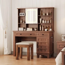 Farmhouse Makeup Vanity Desk with solid wood stool, Makeup Vanity with Mirror...