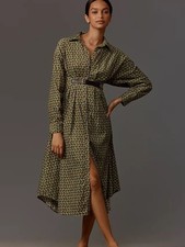 ANTHROPOLOGIE Corduroy Olive Floral Button Down Midi Dress Sz 12