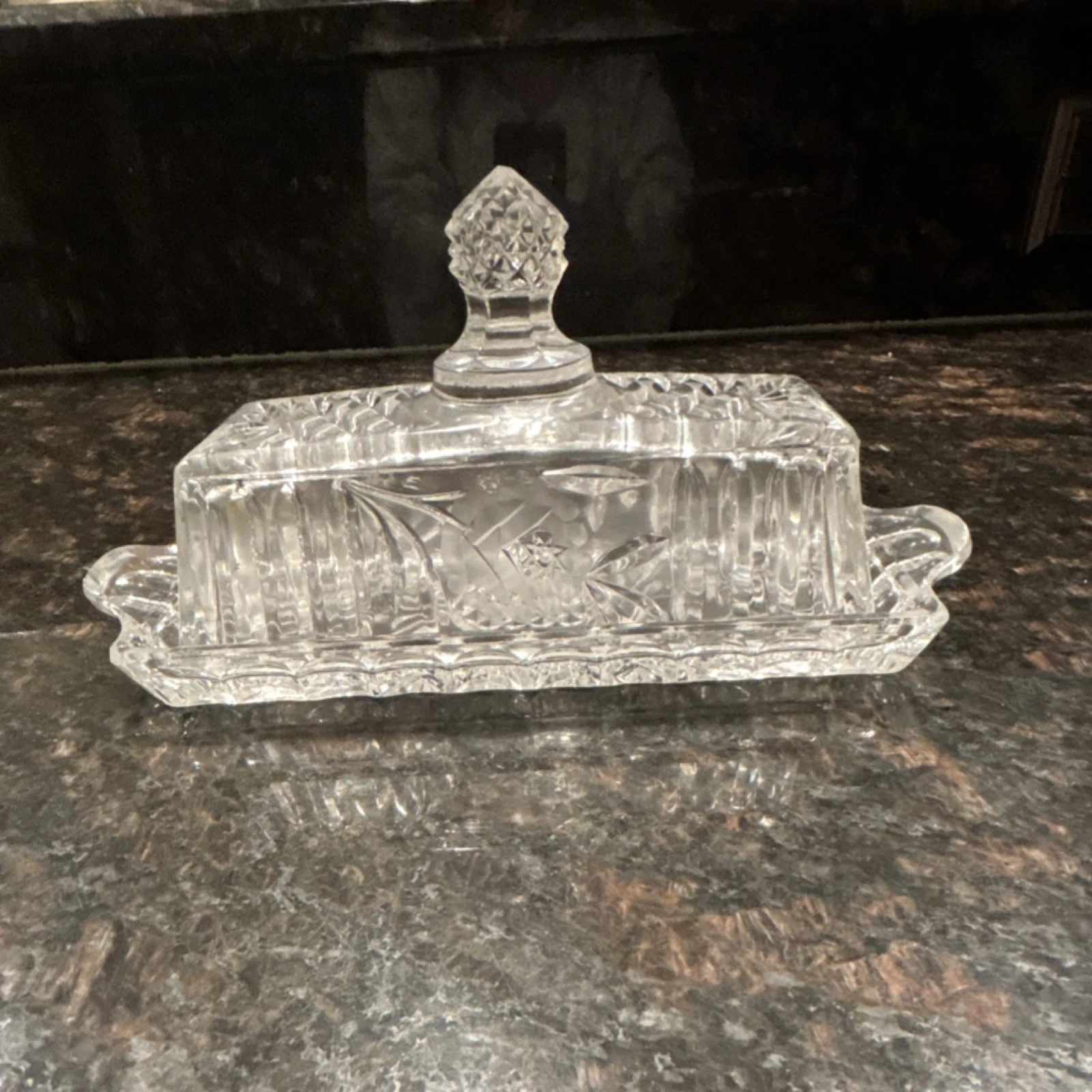 Vintage pressed glass covered butter dish diamond cut n floral pattern