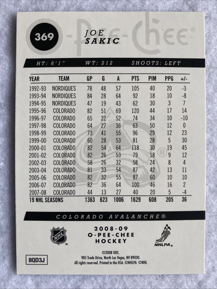2008-09 OPC O-Pee-Chee Hockey Refractor #369 Joe Sakic Colorado Parallel NHL - Image 2 of 2