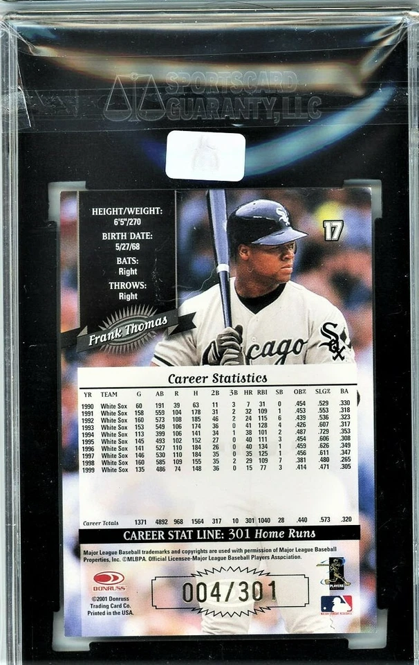 FRANK THOMAS SGC 9 mint 2001 Donruss Career Stat Line #/301 HOF White Sox - Image 2 of 2
