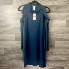 Bar Ill Dress Womens XS Blue Knee Length V Neck Long Sleeve Career Cold Shoulder