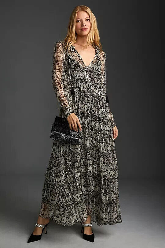 NWT Anthropologie The Marais Printed Chiffon Maxi Dress Floral XXS Black  White | eBay