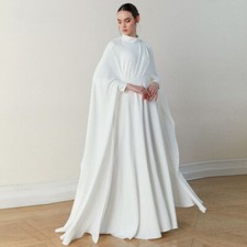 Muslim Exquisite A-line High Collar Wedding Dress Satin Draped Pleat Gown Bride