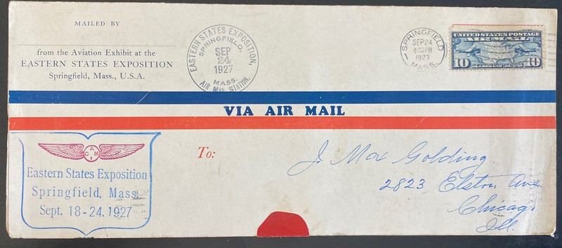 1927 Springfield MA USA Airmail Eastern States Exposition Cover To Chicago IL