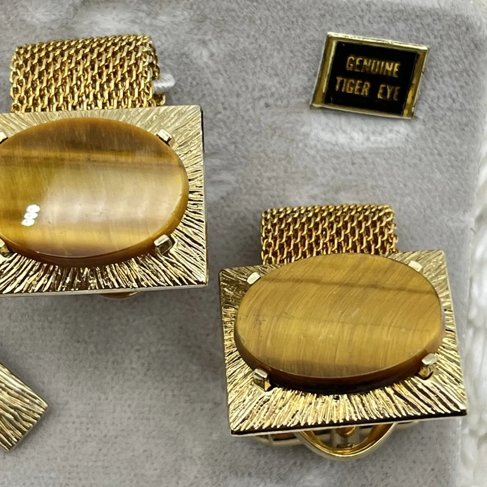 复古老虎眼袖扣和领带套装金色网眼布 — 第 2/4 张图片