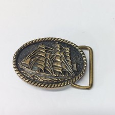 Vintage 1978 BTS Basic Tool Supply Brass Ship 2.5" Oval Belt Buckle Made In USA